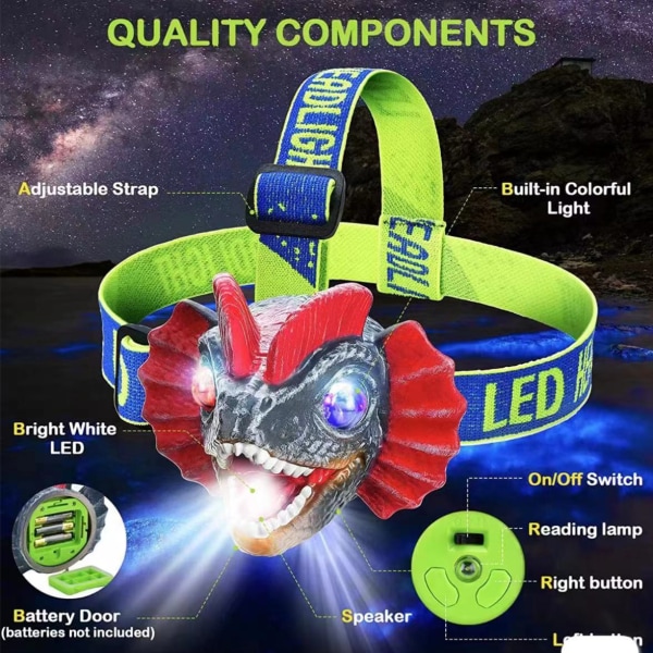 LED dinosaur pandelampe med justerbar pandebånd 3 lystilstande til camping, vandreture og læsning