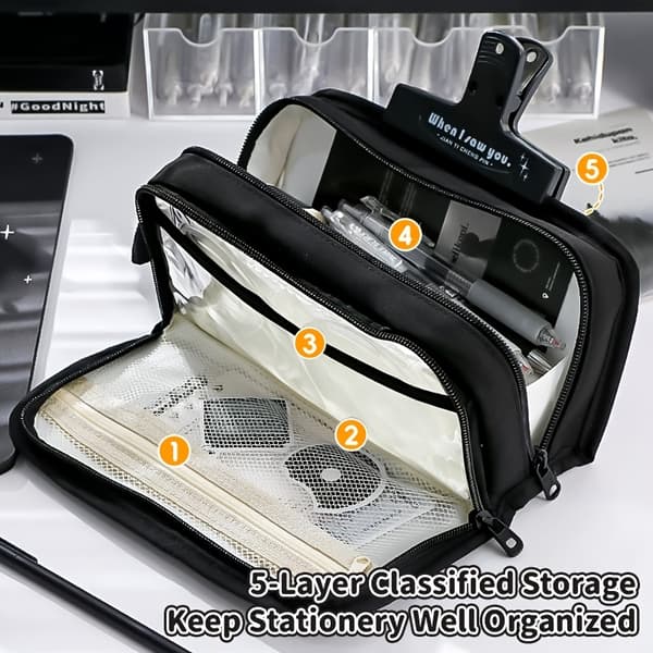 Pencil Case with Large Capacity, Double Layer with 5 Compartments, Multifunctional Student Case for School Blue