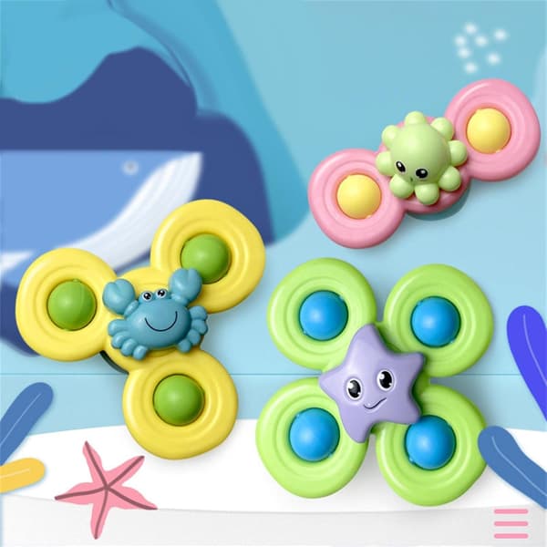 3 stk badeleker for barn, sjødyr spinner med sugekopp og fidget-funksjon for badelek
