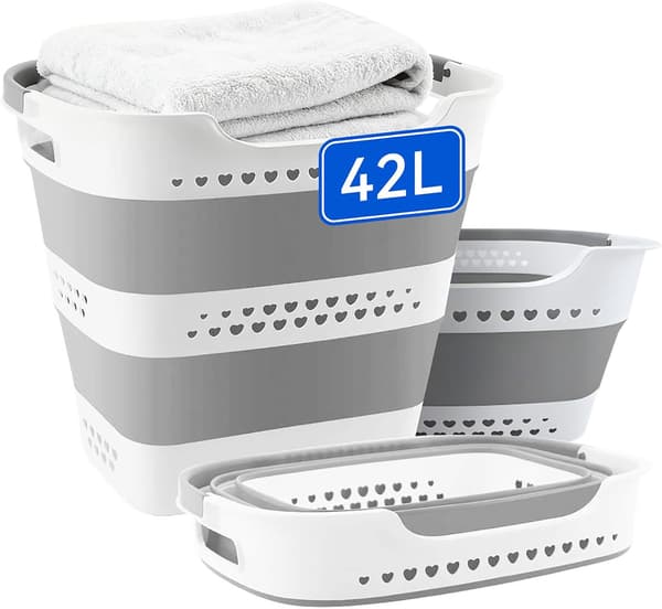 Foldable Plastic Laundry Basket 42 L, Laundry Hamper with Handles and Ventilated Design for Dirty Laundry Light grey