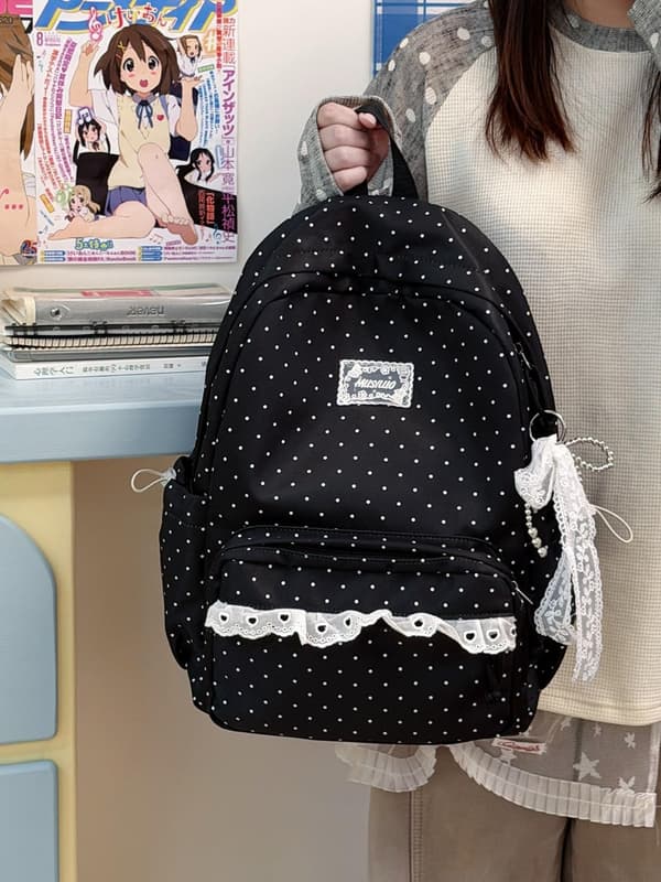 Coquette Backpack with Lace, Polka Dot Pattern and Bow, Cute Large Capacity Laptop Backpack for Everyday Use Black