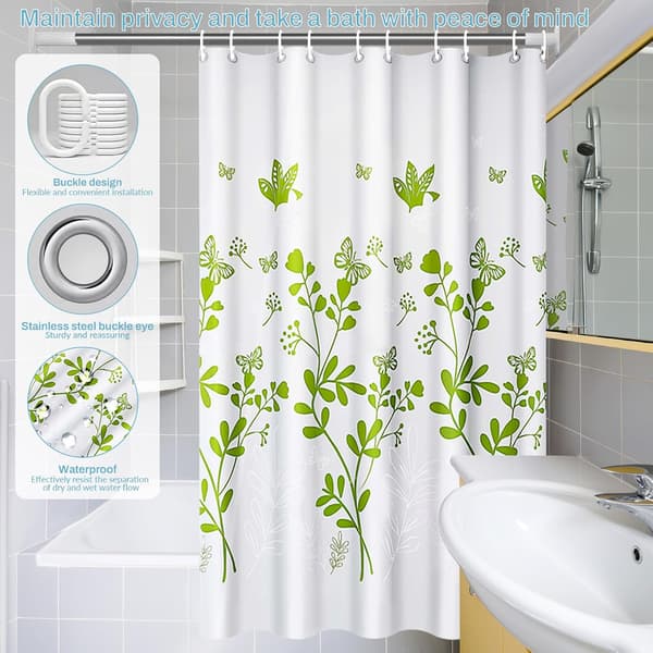 Fjärilsblomma Duschdraperi 180x200cm - Polyester 12 Krokar Vattentätt Green + White