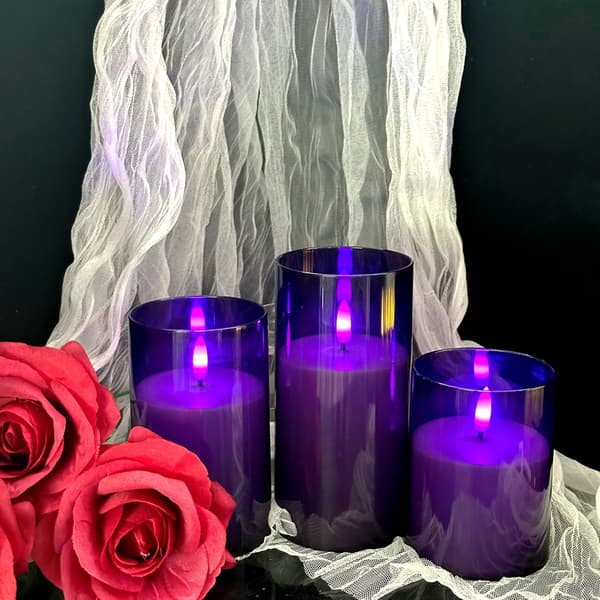 3/6-pack Black LED Pillar Candles with Purple Flickering Effect, Remote Control, 2/4/6/8H Timer and Dimmer, Battery Operated 6-PACK