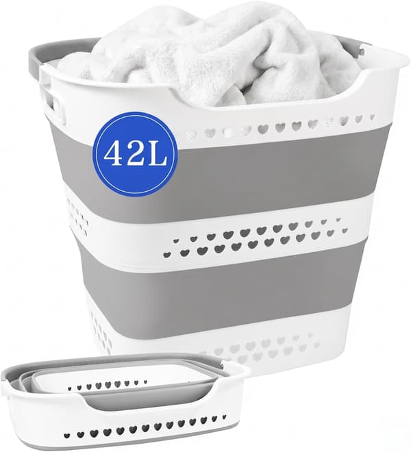 Foldable laundry basket with handles 42 L, portable storage basket for dirty laundry and clothes Light grey 1 Pack