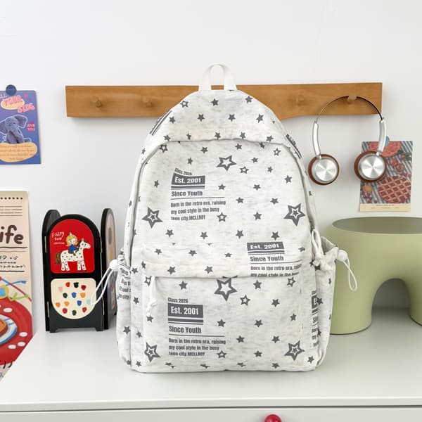 Backpack for Women and Men, Lightweight Nylon with Star Pattern and Multiple Pockets, 42x30x13 cm Black