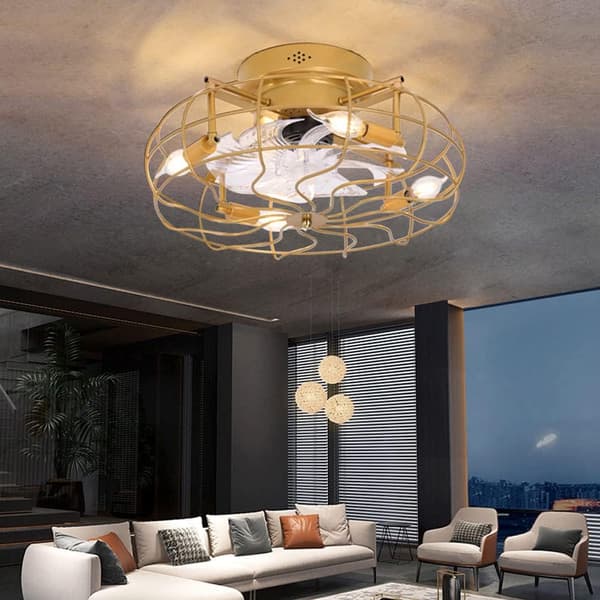 Ceiling fan with LED ceiling light 50 cm, bladeless ceiling fan with remote control, industrial ceiling light for bedroom Gold