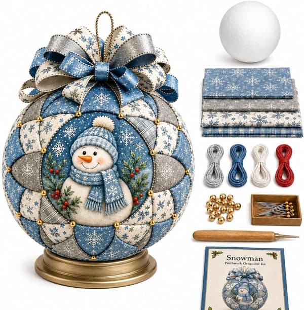 Christmas Tree Ornament DIY Kit, Handmade Patchwork with Fabric, Creative Sewing Project and Christmas Decoration for Beginners Snowman