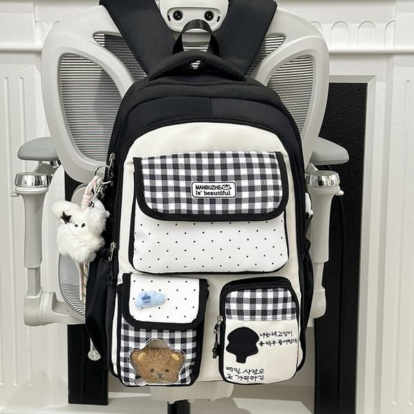 Backpack with Plaid Pattern, Lightweight and Durable Daypack with Transparent Pocket, Charm and Large Storage, 47x30x18 cm Black