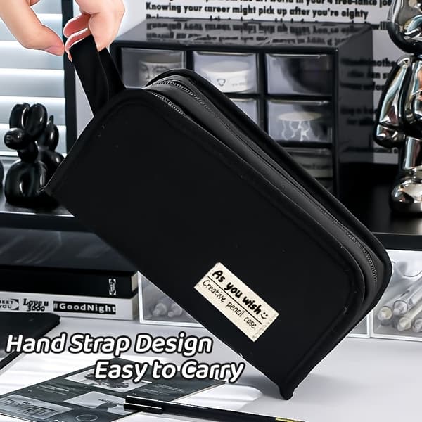 Pencil Case with Large Capacity, Double Layer with 5 Compartments, Multifunctional Student Case for School Black