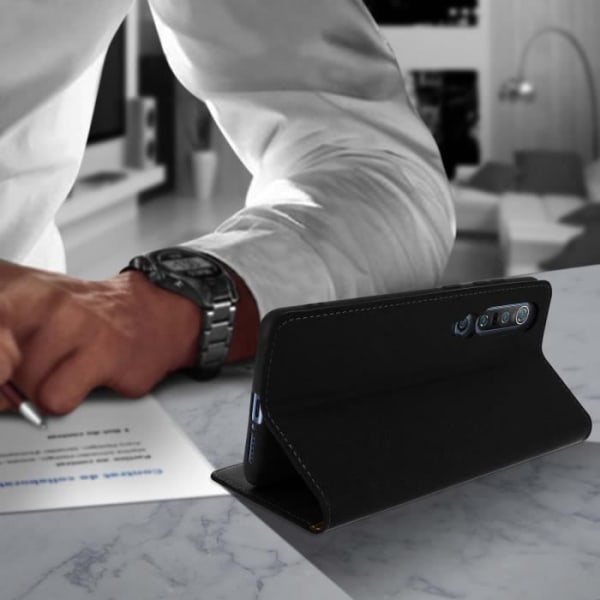 Äkta Läder Etui - AVIZAR - Xiaomi Mi 10 / Mi 10 Pro - Videostöd - 3 Kortfack - Mjuk Skal Svart