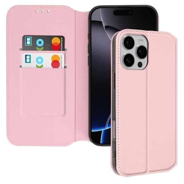 Étui til iPhone 16 Pro Klap Porte-kort og Videostøtte Rosa Champagne Ros