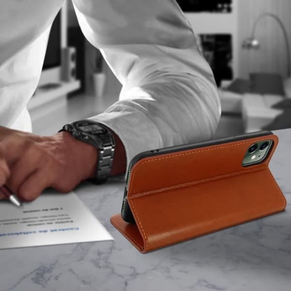 Folioetui - AVIZAR - iPhone 11 - Ægte Læder - Video Støtte - Kort Afsnit - Brun Kamel