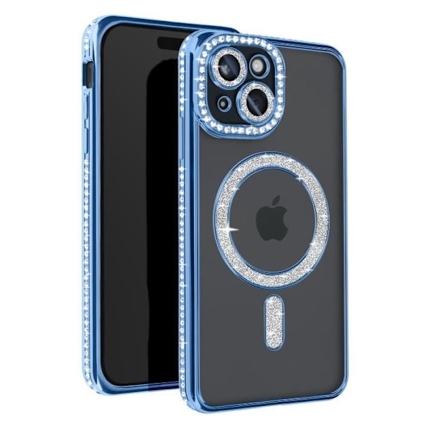 Diamantfodral till iPhone 15 - AVIZAR - Ljusblå Rhinestone Outline - MagSafe Protection Blå