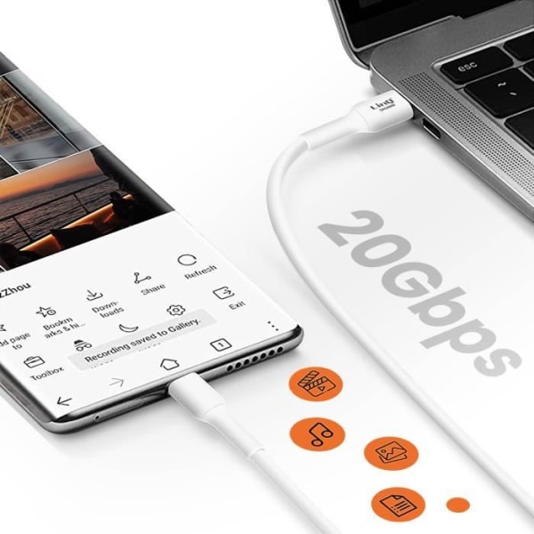 USB C-kabel 100W Hurtig overførsel 20Gbps 1,5m til bærbar LinQ Hvid