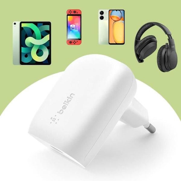 Belkin USB C 30W Strömadapter Power Delivery PPS Platt och Kompakt Vit Vit