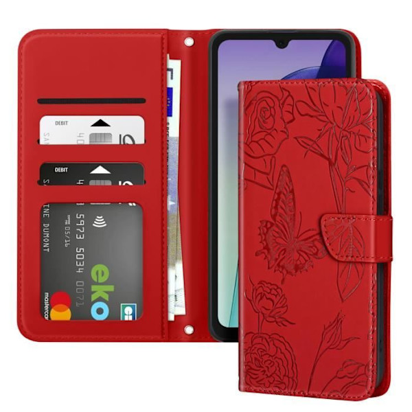 Taske til Xiaomi Redmi 14C - AVIZAR - Butterfly Flower Wallet - Rød - Halvstiv - Blank Röd