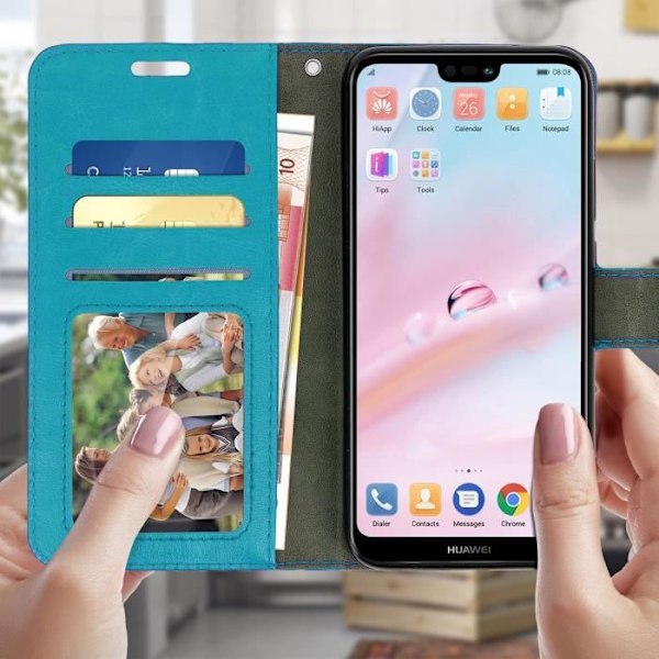 Plånboksfodral - AVIZAR - Huawei P20 Lite - Ekologiskt läder - Turkos - Stativfunktion turkos