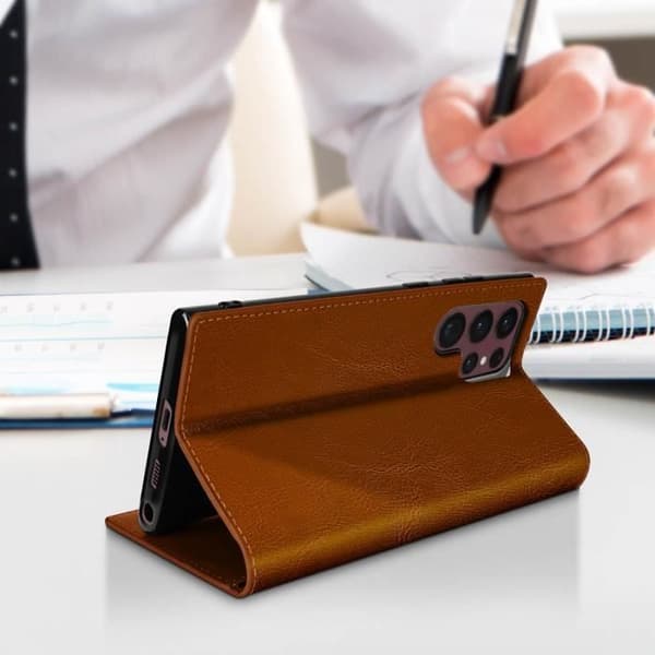 Galaxy S22 Ultra Folio Case Ægte læder kortholder Video Support - camel kamel