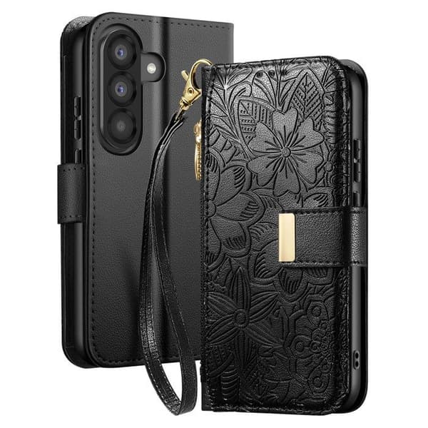 Pungetui til Galaxy A56 med blomsterdesign og integreret lynlåslomme i sort Svart