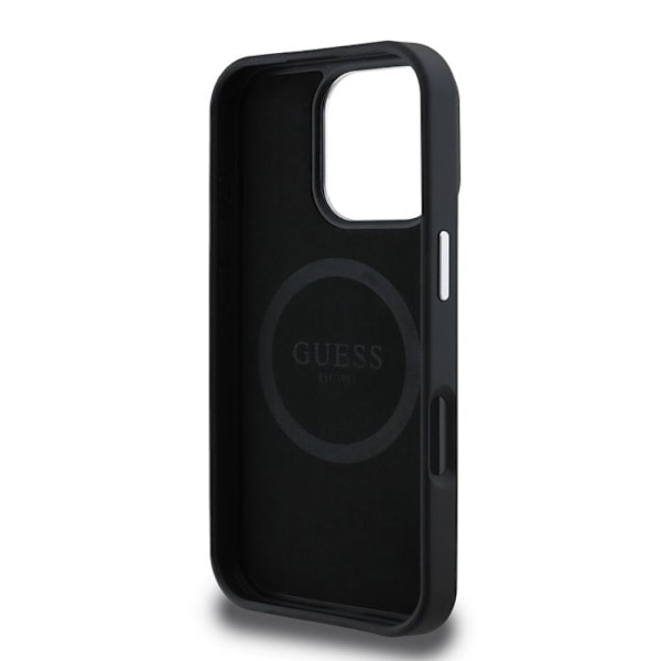 iPhone 16 Pro Max Antishock kuori, joissa on teksturoidun vaikutuksen ja Guessin musta kolmion logo Svart