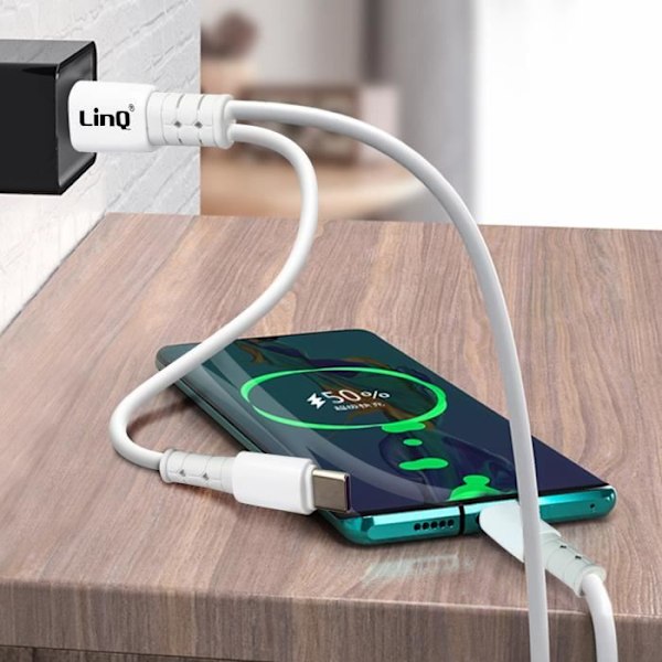 USB-/USB-C–USB-C-kaapeli 60 W lataus- ja synkronointipituus 1,2 m LinQ valkoinen