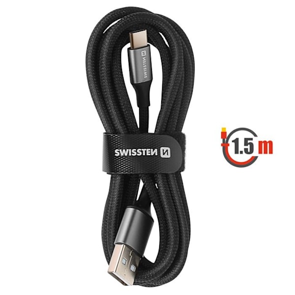 USB-kabel til USB-C Flettet Design Anti-nod Swissten Sort Svart