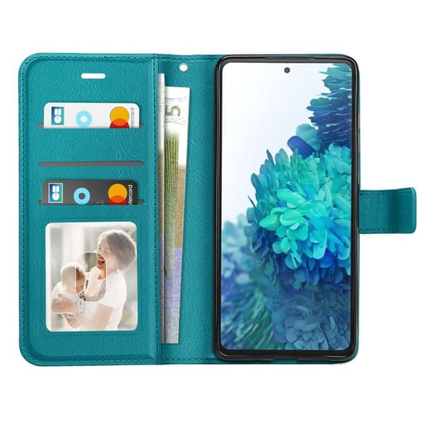 Plånboksfodral för Galaxy S20 FE med videostöd och handledsrem Mayaxess Turkos Blå