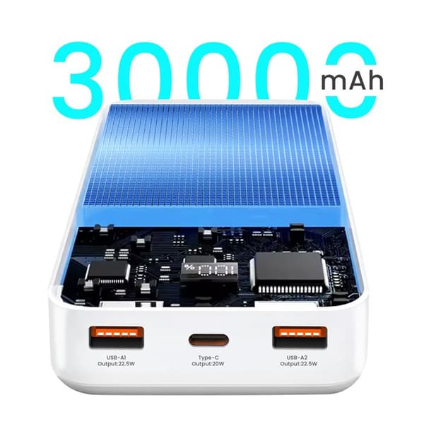 30000mAh USB-C ja 2xUSB LCD-näyttö - Bwoo Valkoinen Vit