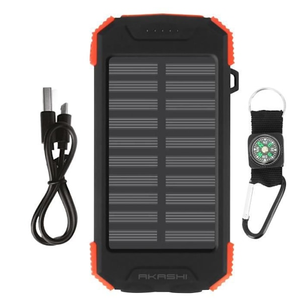 Solcelligt Externt Batteri - AKASHI - 10000mAh - IPX4 Stöttålig - Ficklampa Svart