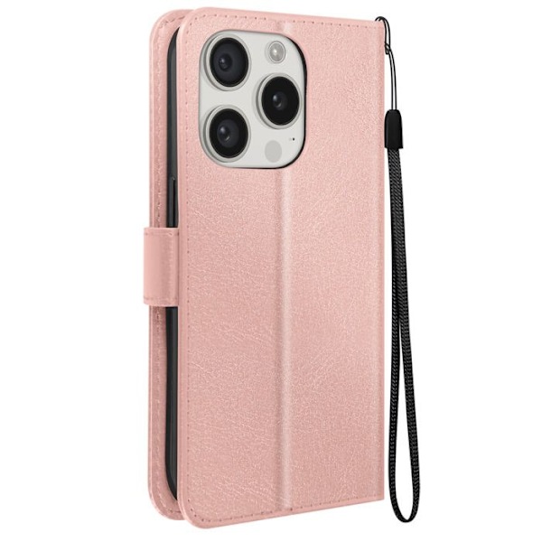 Etui til iPhone 15 Pro tegnebogsstativ funktion med håndledsrem Mayaxess Pink Champagne Rosa