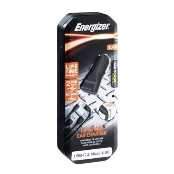 Biloplader - ENERGIZER - 1A - 2 USB-porte - Micro-USB og USB-C kabler inkluderet - Sort Sort