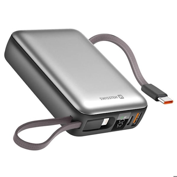20000mAh Ulkoinen Akun Latauslaite USB-C ja Lightning Kaapeleilla Kompakti Swissten Hopea Grå