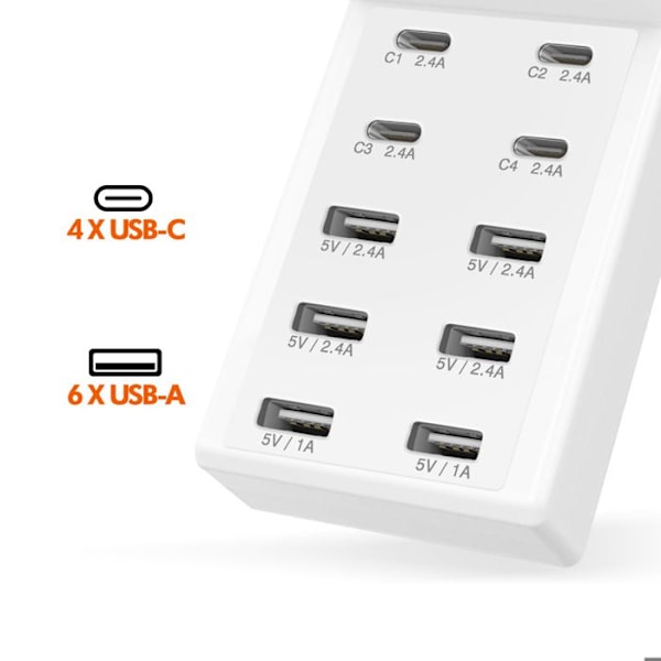 Multiport Oplader Station 4 USB-C + 6 USB 50W Kabel 1m Kompakt LinQ Hvid Vit