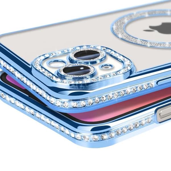 Coque - Diamant - iPhone 14 Plus - Strass Blå - Rigide - Kompatibel med MagSafe Blå
