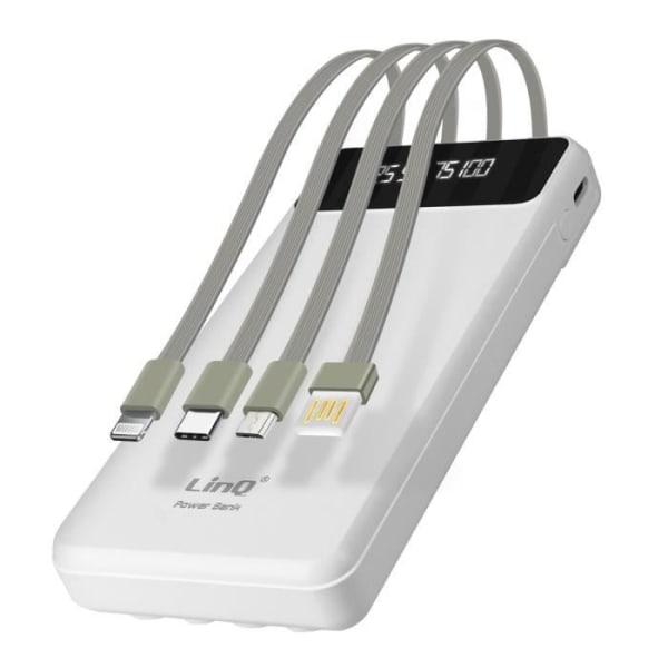 Backup-batteri - LINQ - 15000mAh - Avtagbar 4 i 1-kabel - USB-utgång - Kompakt Vit