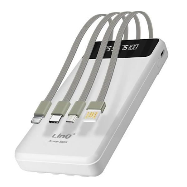 Vara-akku - LINQ - 15000 mAh - Irrotettava 4 in 1 -kaapeli - USB-lähtö - Kompakti Vit