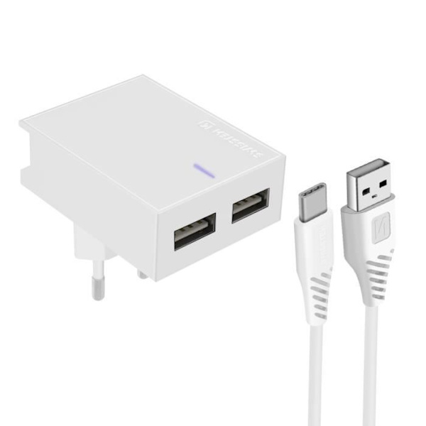 Väggladdare Dubbel USB 3A Smart IC USB-C Kabel Swissten Slim Vit Vit