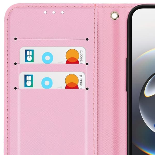 Plånboksfodral för iPhone 17 med pusselmönster, med ställ och rosa handledsrem Ros