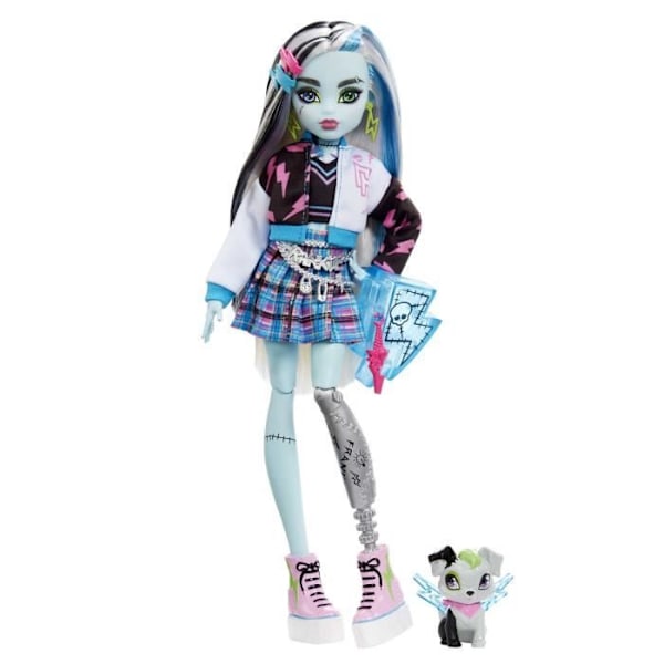 Monster High-Frankie Stein-dukke med dyr, sort og blåt hår HHK53 Flerfärgad