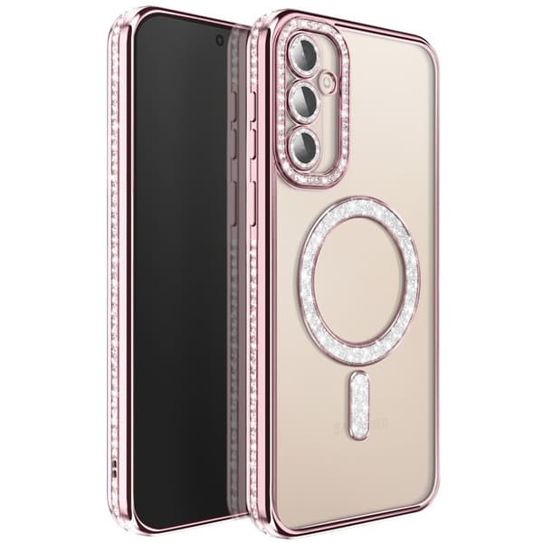 Diamantetui til Galaxy S26 med magnetisk ring og rosa strasskant Ros