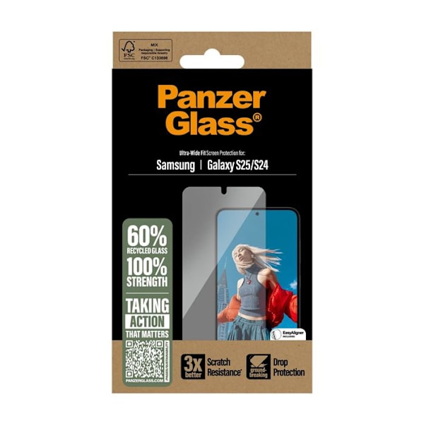 Härdat glas för Samsung Galaxy S25, reptåligt, transparent panzer-glas. Vit