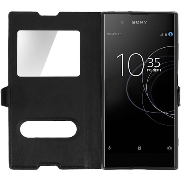 Housse - AVIZAR - Sony Xperia XA1 Plus - Ekoskinn - Mjuk skal - Dubbel fönster svart
