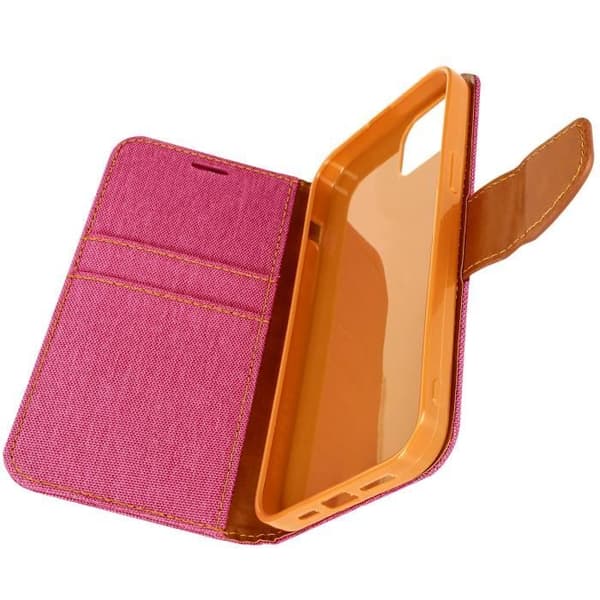 iPhone 14 Fodral - Canvas Bok - Rosa - Denim Tyg - Heltäckande Skydd - Videostöd Ros