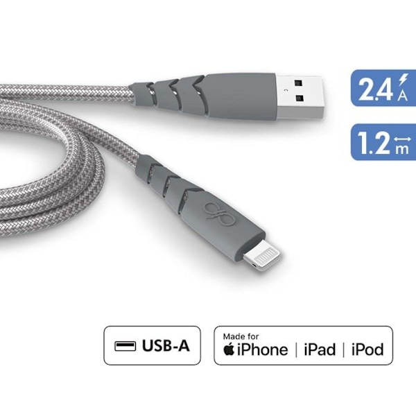 Ultraförstärkt USB A/Lightning-kabel 1,2m 2,4A Livstidsgaranti Grå - 100 % återvunnen plast Force Power