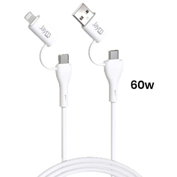 USB-kabel 4-i-1 - JAYM - Laddning 3A - 60W - USB-C, Lightning - 1 meter Vit