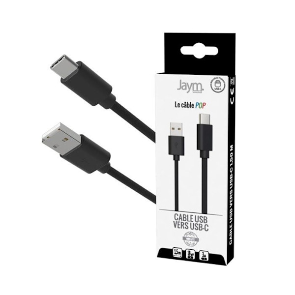 USB-C kaapeli USB-A 3A Lataus ja Synkronointi POP-kokoelma 1,5 m Jaym Musta Svart