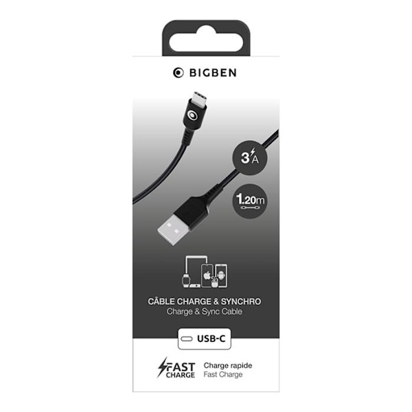 USB-A til USB-C kabel - BigBen - 1.2m - FastCharge 15W - 3A - Vævet nylon sort