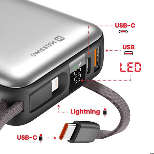 Batteri Ekstern 20000mAh med USB-C og Lightning Kabler, Kompakt Swissten Sølv Grå