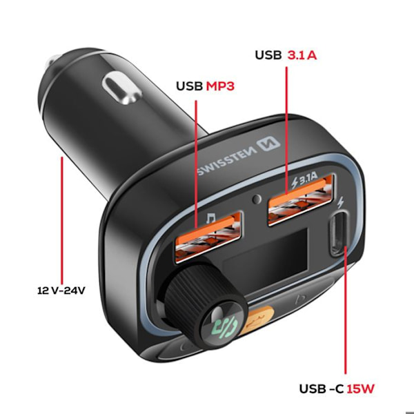 'FM-lähetin Bluetooth 5.3 Nopea lataus 15.5W RGB ja MP3-toisto Swissten Musta'