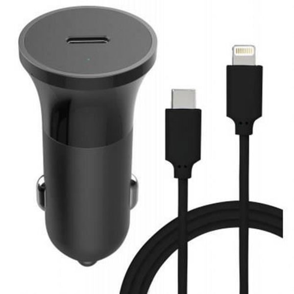 20W Strömförsörjning USB C Billaddare + USB C/Lightning Kabel Svart Bigben
